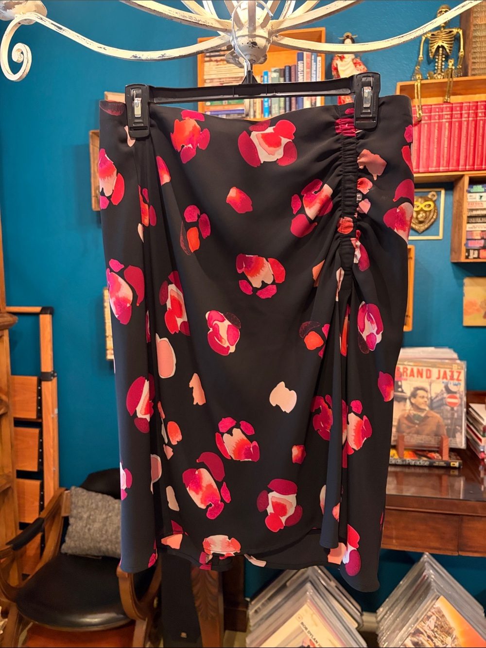 CAbi Petal Skirt (5513) Black Midi Skirt with Pink & Coral Floral Spots